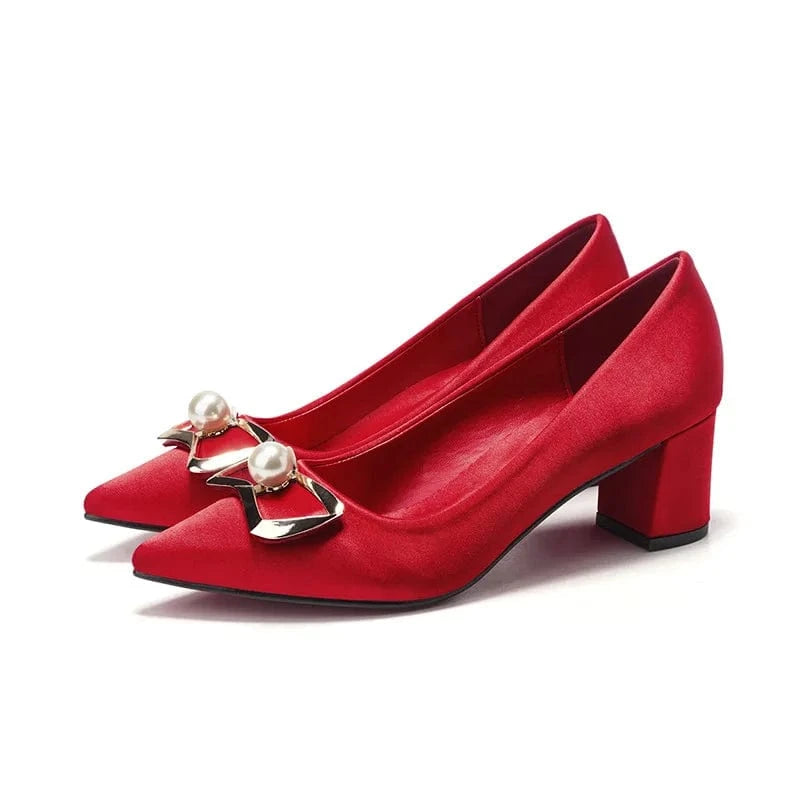 32 / Red Ladies Wedding Bridal Sandals Shallow Blossom Pearls Female Block Heels Women Outside Banquet Dress Pumps Shoes