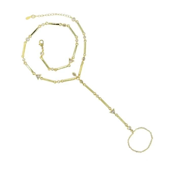 33+5cm / B149-Gold Gold Plated Fashion Women Jewelry Geometric Bar CZ Charm Double Wrist Hand Chain Bracelet For Women