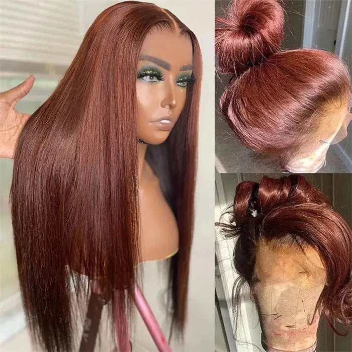 #33 Auburn Brown Red Color Curly Body Wave 13x4 Lace Frontal Wigs Transparent Lace Glueless Human Hair Wig