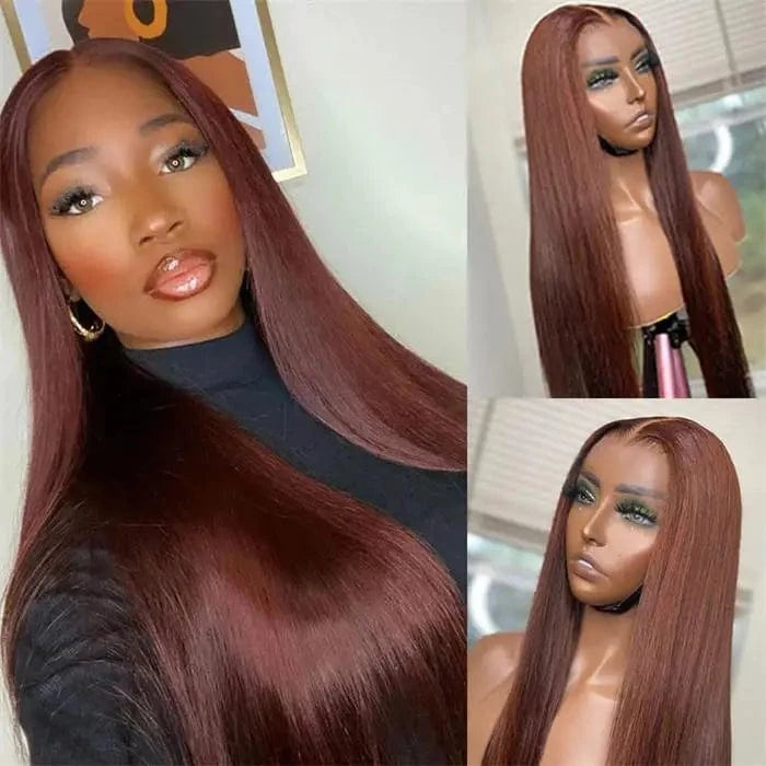 #33 Auburn Brown Red Color Curly Body Wave 13x4 Lace Frontal Wigs Transparent Lace Glueless Human Hair Wig