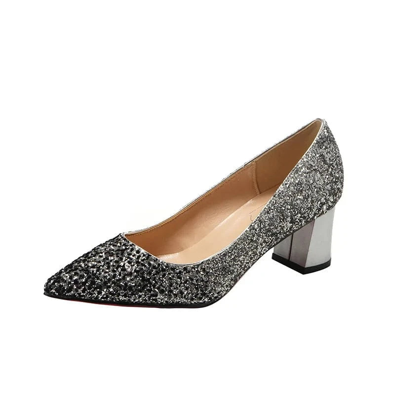 33 / Black&silver(5cm)` 5846-02 New Women Spring Summer Crystal High Heel Pumps Female Point Toe Shallow Sequins Stilettos Ladies Wedding Dress Sandals