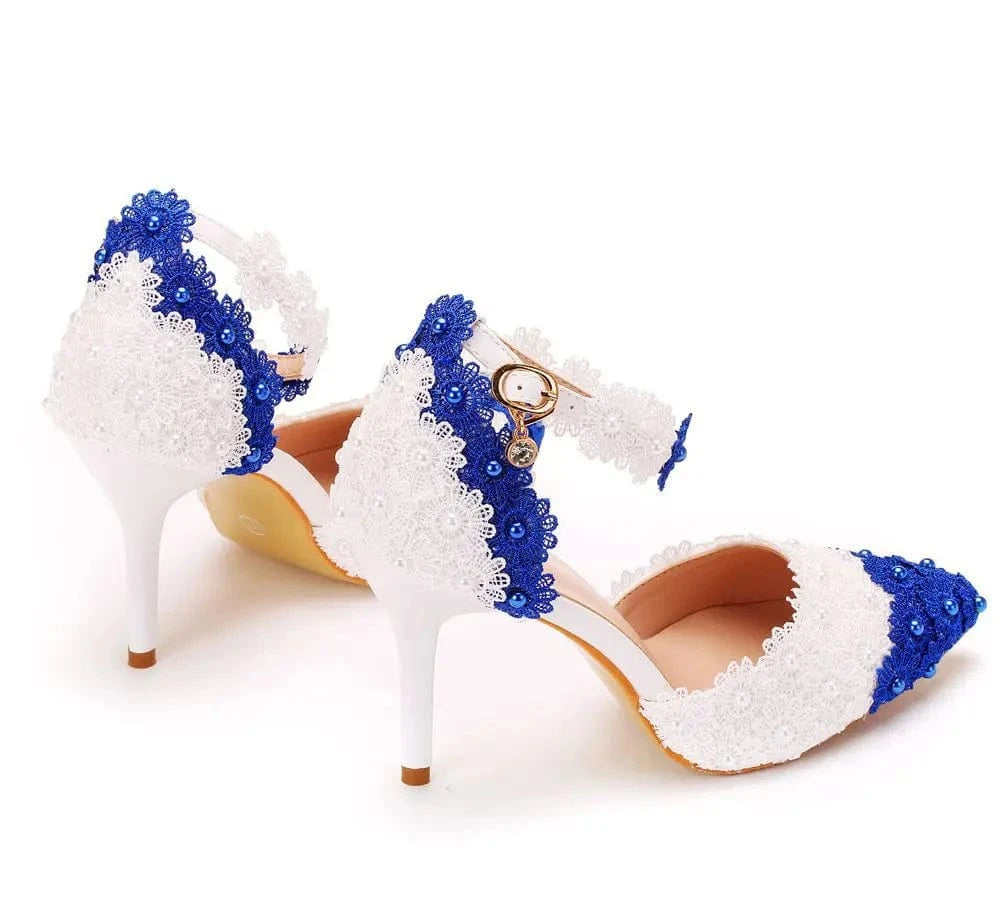 33 / White&blue 7.5cm` Sexy Banquet Heels Ladies PU Leather Blue&white Lace Color Matching High Heel Sandals Women Rome Shoes