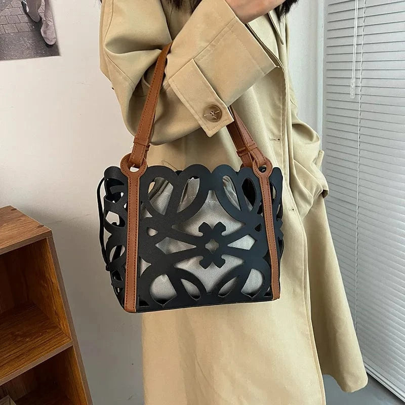 33x11x21cm / 2923 black Large Capacity Hollow Out Handbags Women 2024 Designer Soft PU Shopping Basket Big Tote Bag Ladies Casual Composite Shoulder Bag