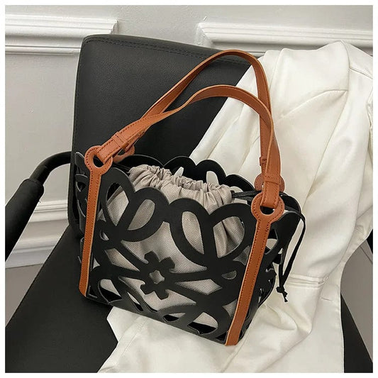 33x11x21cm / 2923 black Large Capacity Hollow Out Handbags Women 2024 Designer Soft PU Shopping Basket Big Tote Bag Ladies Casual Composite Shoulder Bag