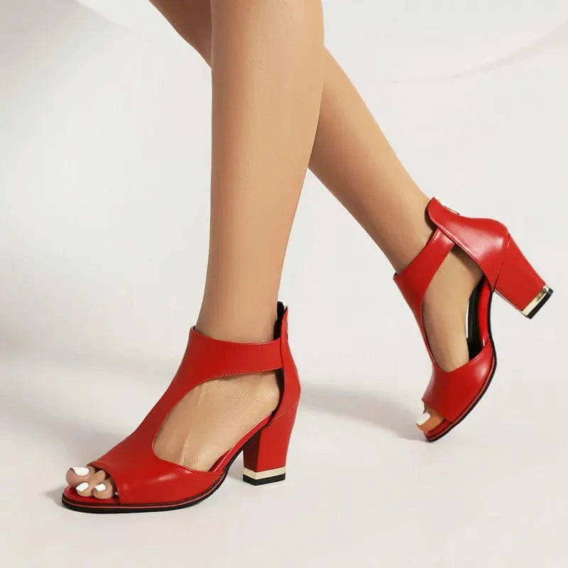 34-39 Fish billed high heels thick heeled sandals Thick bottom sexy back zipper hollow out cool boots  Heeled sandals|lace up