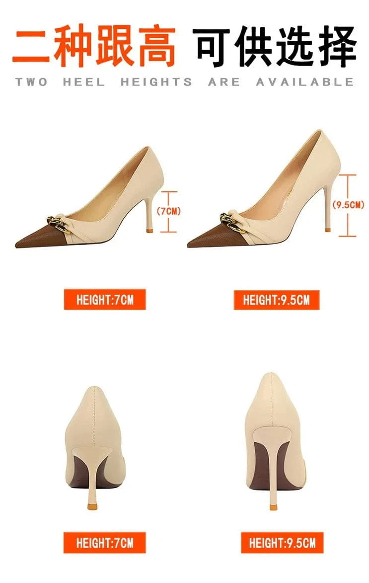 34-40 Elegant Banquet slim heeled women's shoes Light cut color blocking pointed high heels Metal chain decorated high heels