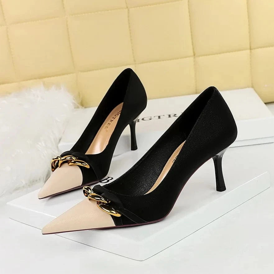 34-40 Elegant Banquet slim heeled women's shoes Light cut color blocking pointed high heels Metal chain decorated high heels