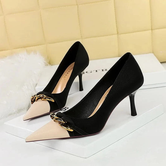 34-40 Elegant Banquet slim heeled women's shoes Light cut color blocking pointed high heels Metal chain decorated high heels