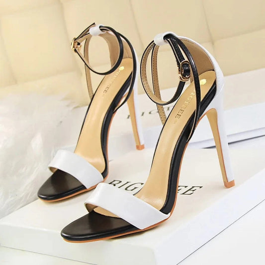 34-40 Fashion Sexy Nightclub Slim Heel Super High Heel Hollow out Color Block One word Open Toe Hollow out Women Sandals