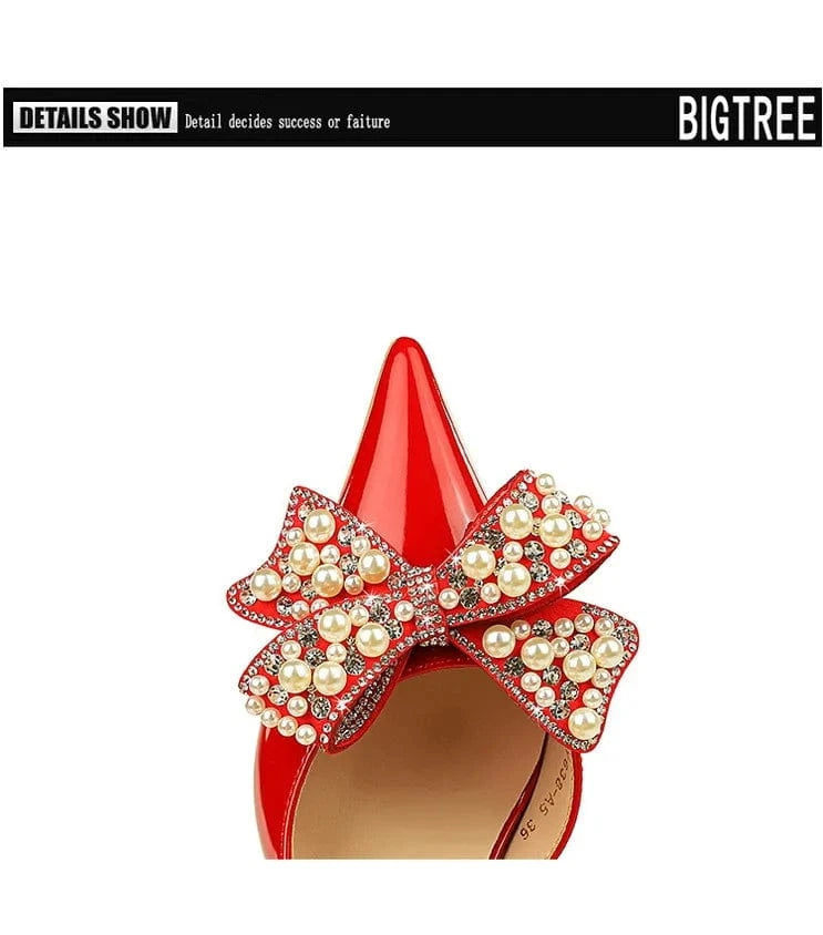 34-40 patent leather shallow cut pointed side hollowed out pearl rhinestone bow tie women's single shoe banquet high heels