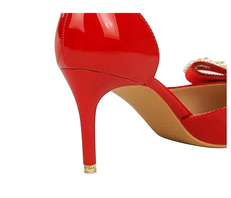 34-40 patent leather shallow cut pointed side hollowed out pearl rhinestone bow tie women's single shoe banquet high heels