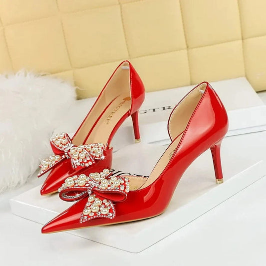 34-40 patent leather shallow cut pointed side hollowed out pearl rhinestone bow tie women's single shoe banquet high heels