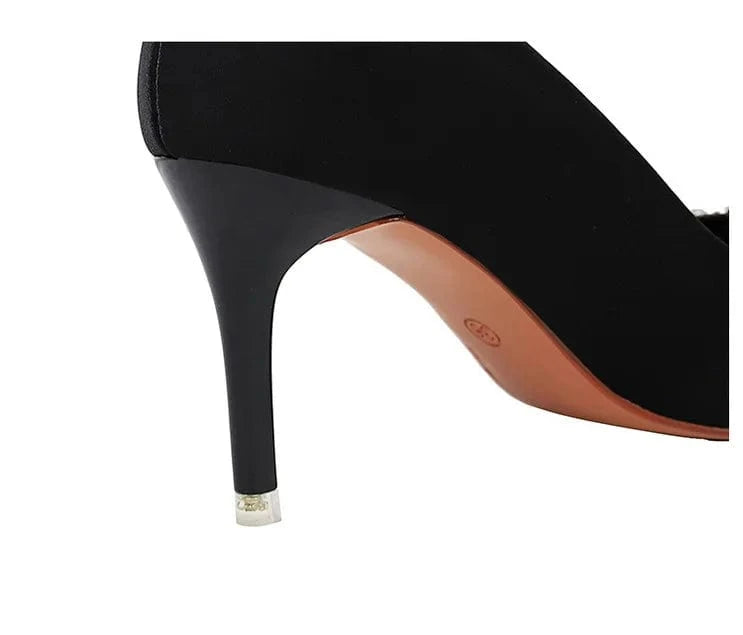 34-43 Banquet high heels Thin heeled satin shallow mouthed pointed pump  diamond bow high heels