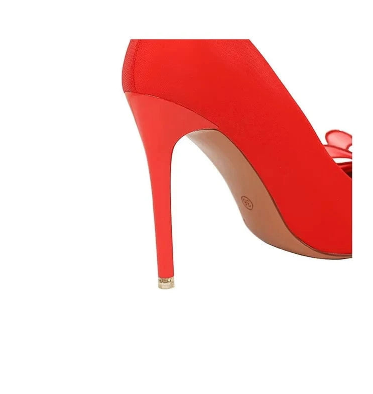 34-43 Banquet pointed pump high heels Thin heeled satin shallow cut rhinestone pumps lace bow single shoe high heel shoes