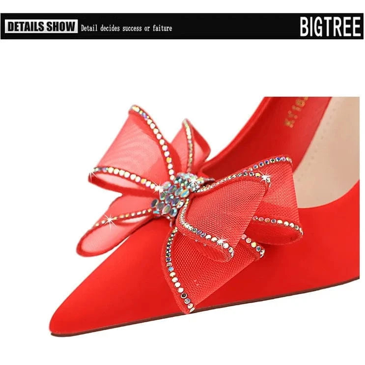 34-43 Banquet pointed pump high heels Thin heeled satin shallow cut rhinestone pumps lace bow single shoe high heel shoes