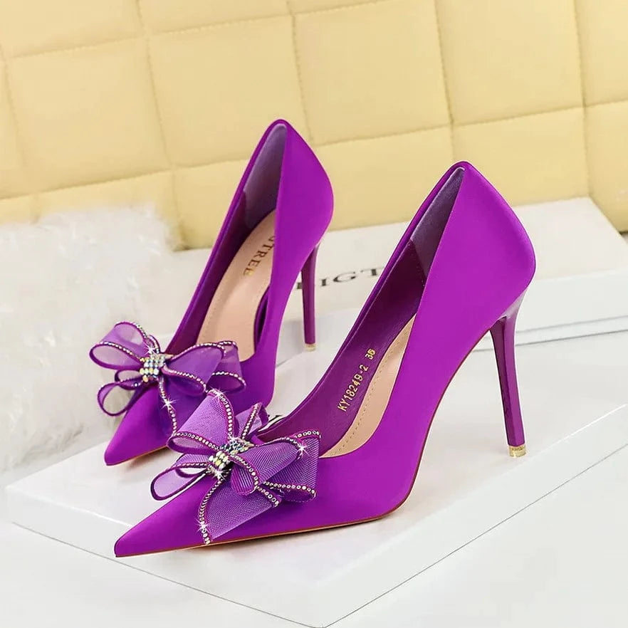 34-43 Banquet pointed pump high heels Thin heeled satin shallow cut rhinestone pumps lace bow single shoe high heel shoes