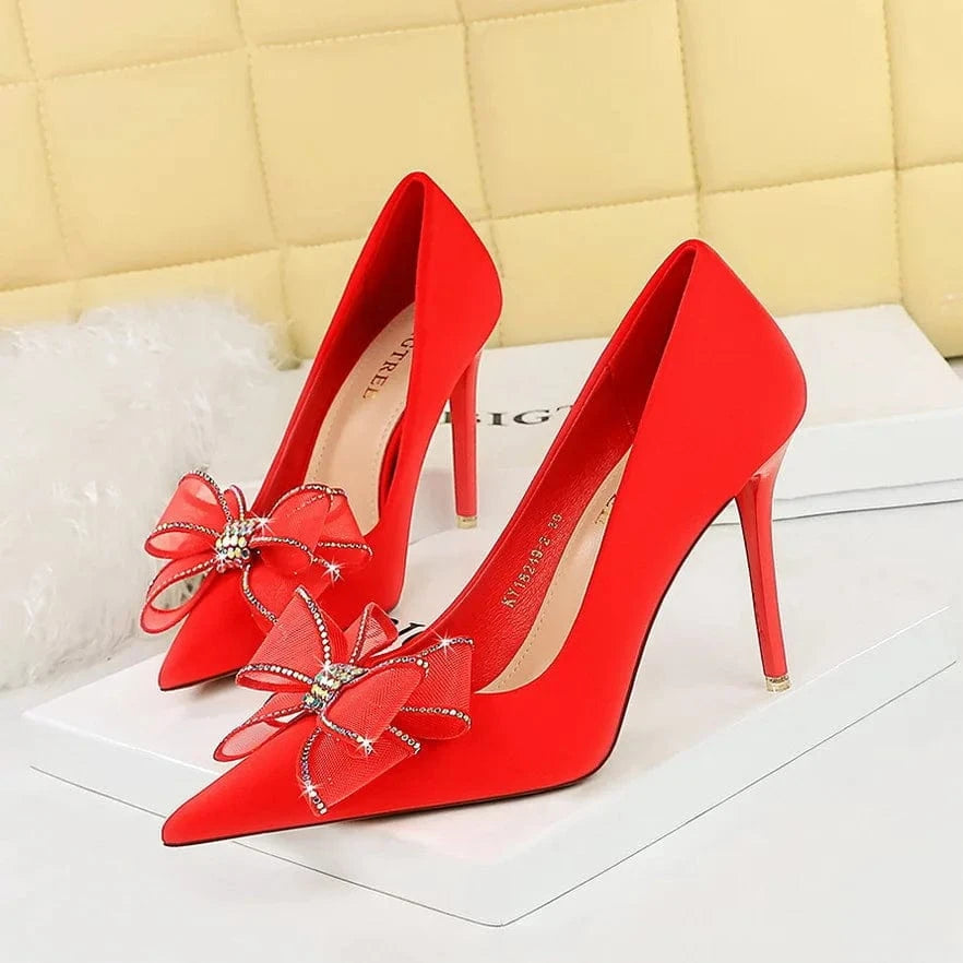 34-43 Banquet pointed pump high heels Thin heeled satin shallow cut rhinestone pumps lace bow single shoe high heel shoes
