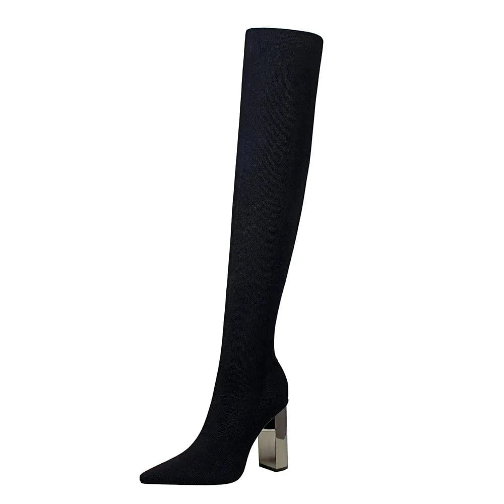 34-43 Fashion Pointed Sexy Nightclub Wool Over Knee Boots Minimalist Metal Heel Thick Heel High Heel Boots