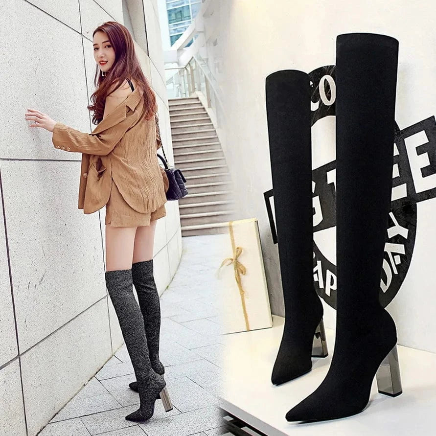 34-43 Fashion Pointed Sexy Nightclub Wool Over Knee Boots Minimalist Metal Heel Thick Heel High Heel Boots