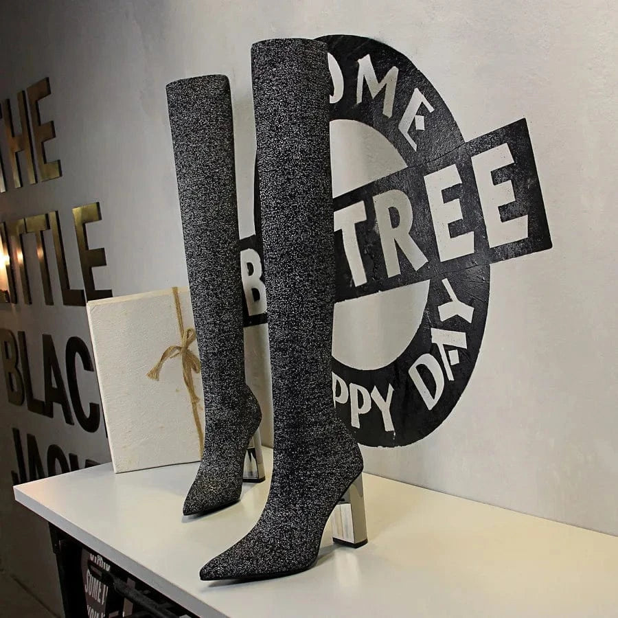 34-43 Fashion Pointed Sexy Nightclub Wool Over Knee Boots Minimalist Metal Heel Thick Heel High Heel Boots