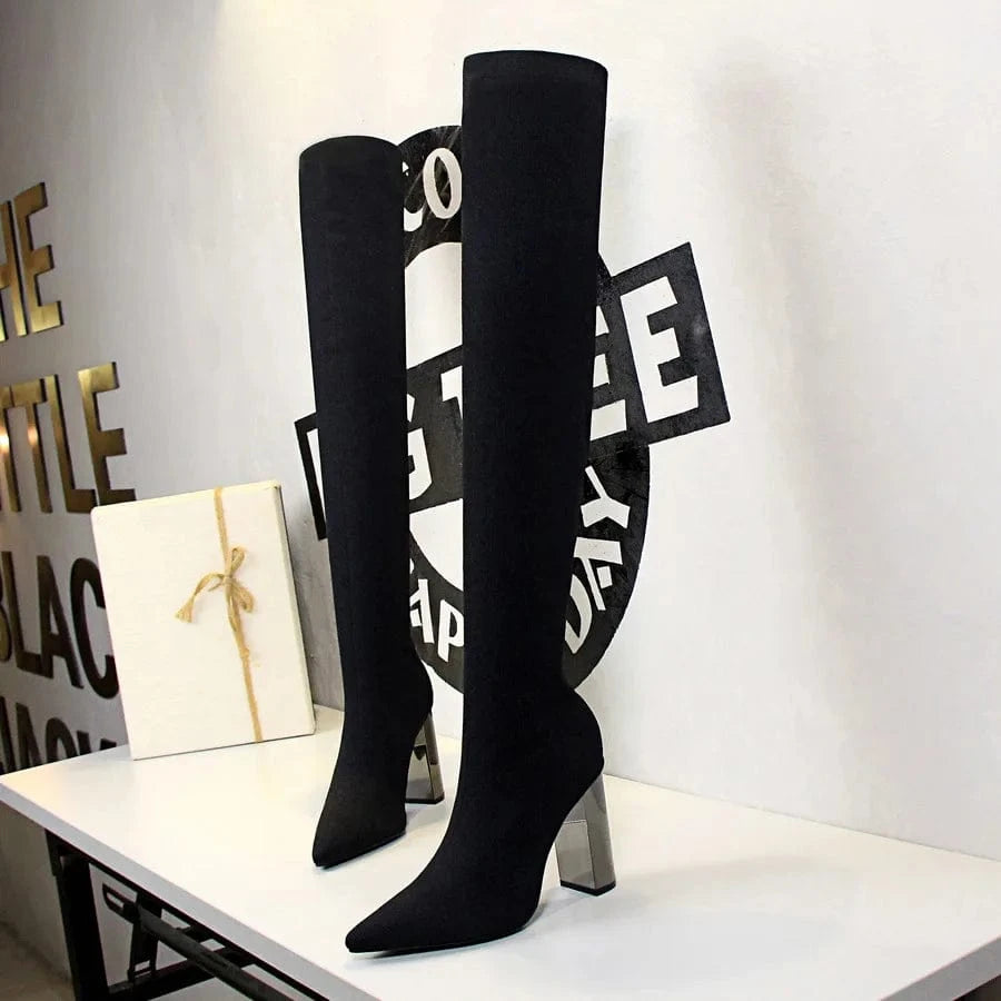 34-43 Fashion Pointed Sexy Nightclub Wool Over Knee Boots Minimalist Metal Heel Thick Heel High Heel Boots
