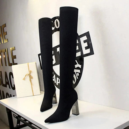 34-43 Fashion Pointed Sexy Nightclub Wool Over Knee Boots Minimalist Metal Heel Thick Heel High Heel Boots