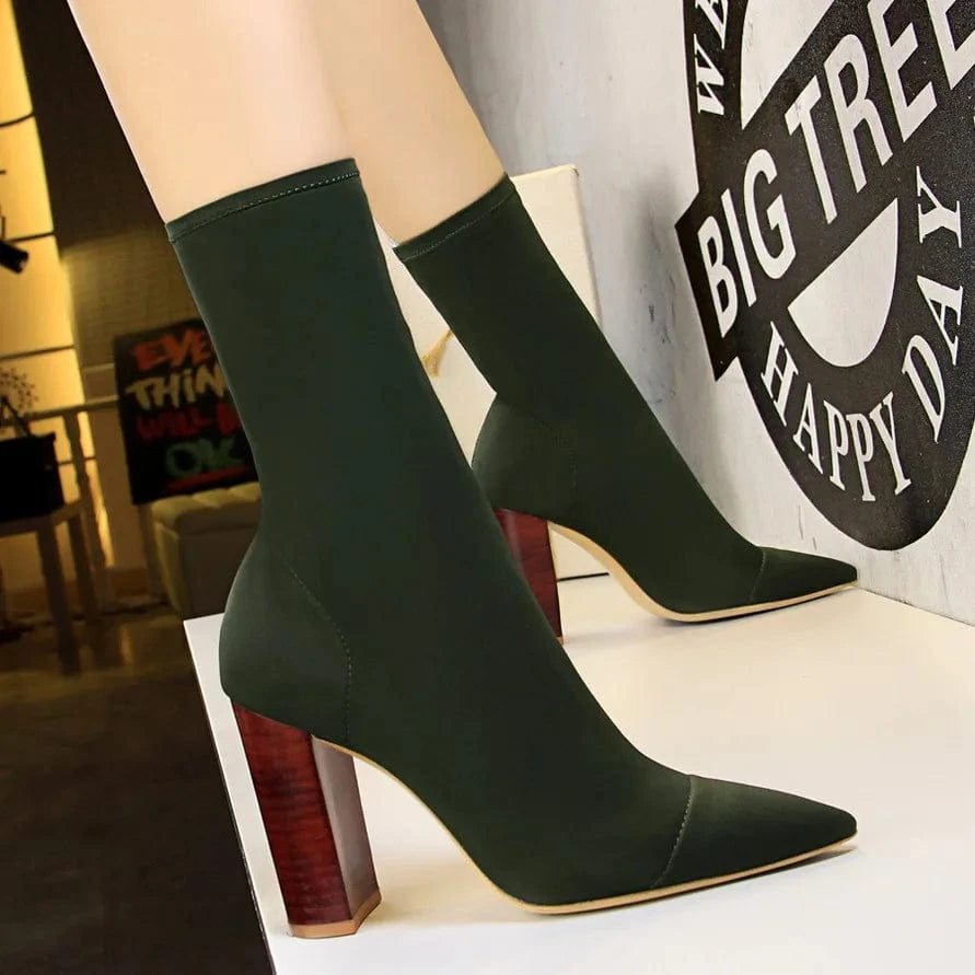 34-43 Pointed Sexy Nightclub Boots Fashion Simple Wood Heel Boots Thick Heel High Short High Heel Pumps Boots