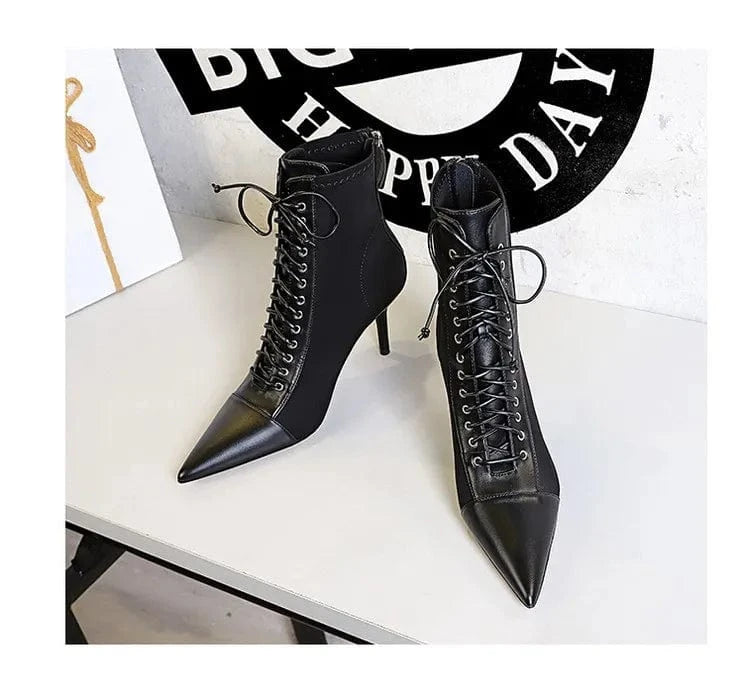 34-43 Slim Heel High Heel Shallow Mouth Pointy Lace up Short Boots Fashion Sexy Women's Boots Pumps Party Shoes