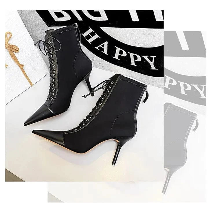 34-43 Slim Heel High Heel Shallow Mouth Pointy Lace up Short Boots Fashion Sexy Women's Boots Pumps Party Shoes