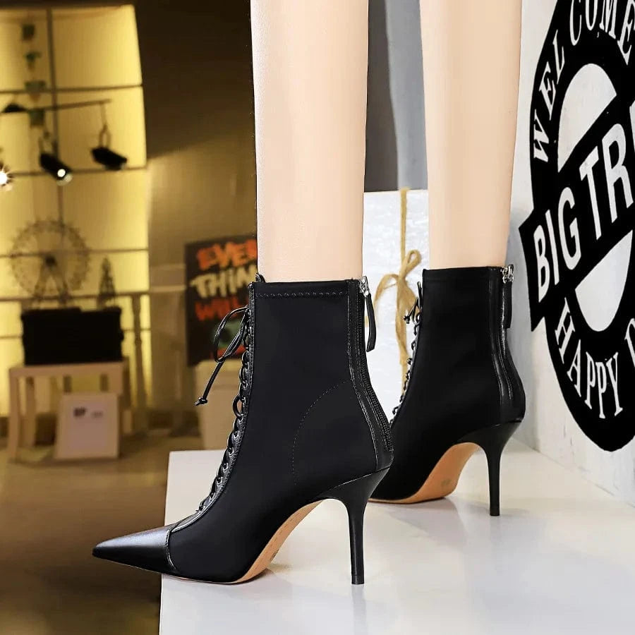 34-43 Slim Heel High Heel Shallow Mouth Pointy Lace up Short Boots Fashion Sexy Women's Boots Pumps Party Shoes