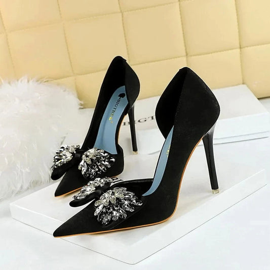 34-43 Thin Heel Shallow Mouth Pointed Side Hollow Fabric Face Ultra High Heel Single Shoe Rhinestone bow high heels