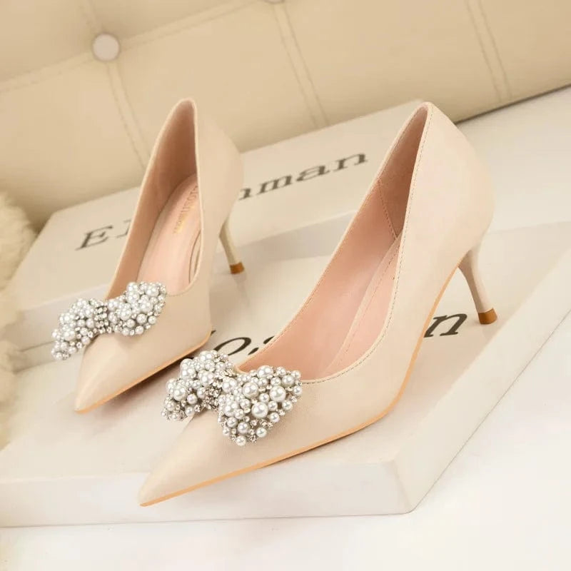 34 / Apricot(6cm)` New Elegant Banquet Ladies Shoes Women Pointed-toe Shallow Sandals Summer Autumn High Heel Pumps Female