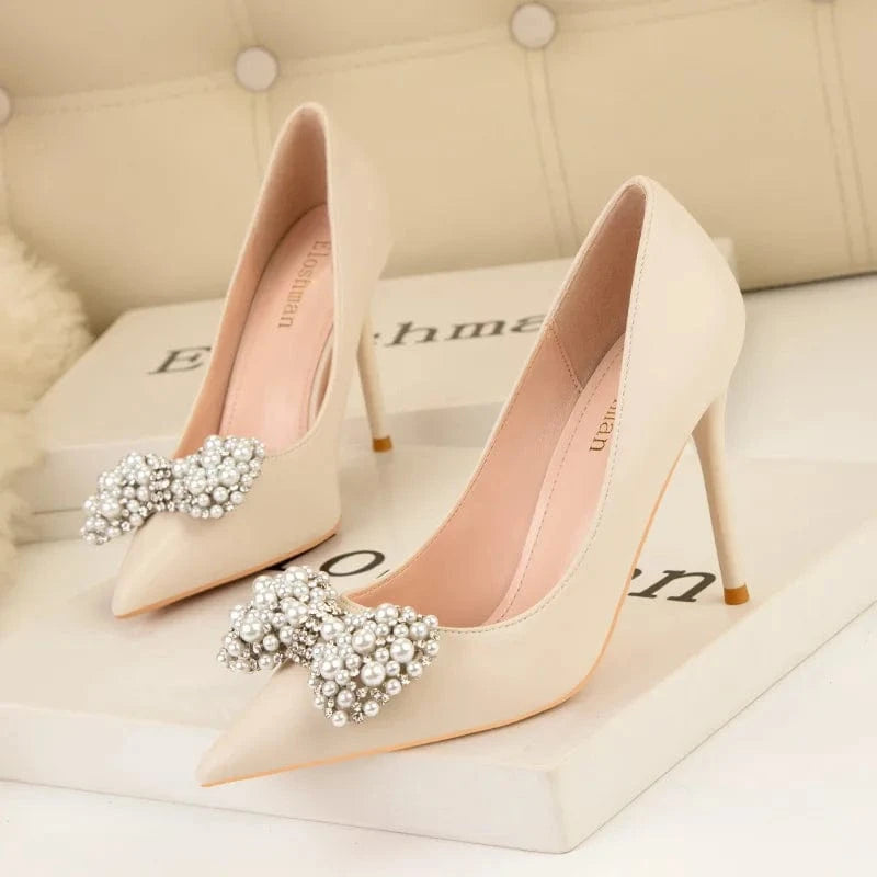 34 / Apricot(9.5cm)` New Elegant Banquet Ladies Shoes Women Pointed-toe Shallow Sandals Summer Autumn High Heel Pumps Female
