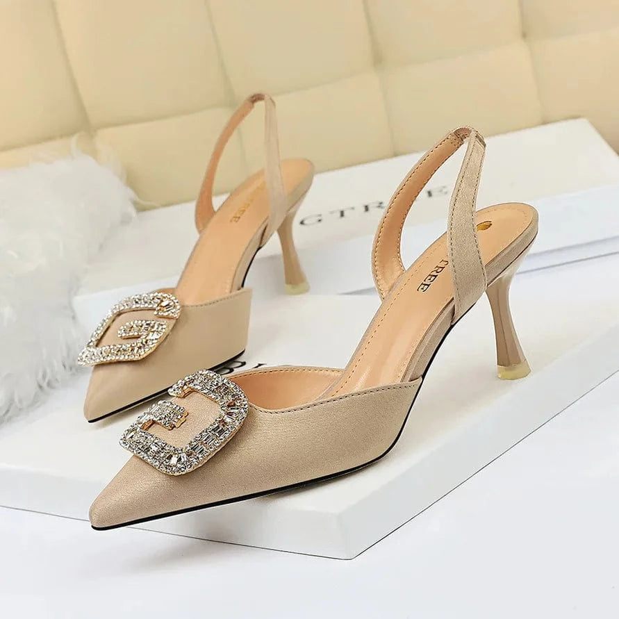 34 / Apricot Summer Sandals Women Comfortable Metal Rhinestone Buckle Shoes Suede Pointed-toe Hollow Out High Heels Sandals For Ladies Dating