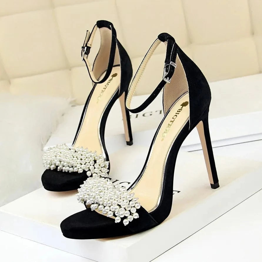 34 / Black 11cm Sexy Banquet Women's Shoes Stiletto Super High-heeled Platform Suede Pearl Rhinestone Sandals
