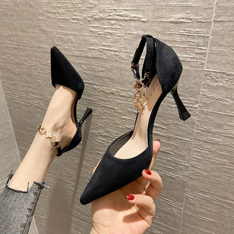 34 / Black 8cm Autumn Women Stilettos Versatile Suede Pointed-toe Zapatos De Mujer Wrap-toe Hollow Out High Heel Pumps Ladies Daily Dating Shoe