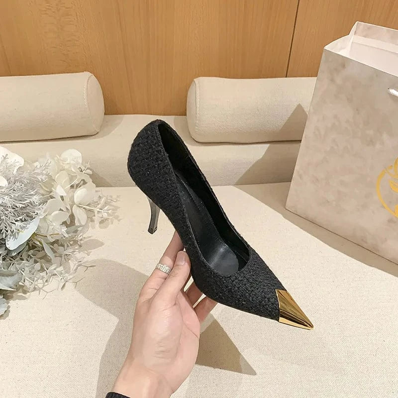 34 / Black Cloth 2024 Women Pumps Fashion Metal Decor Pointed-toe Mujer Zapatos Wrap-toe Shallow High Heel Pumps Ladies Daily Office Career Shoes