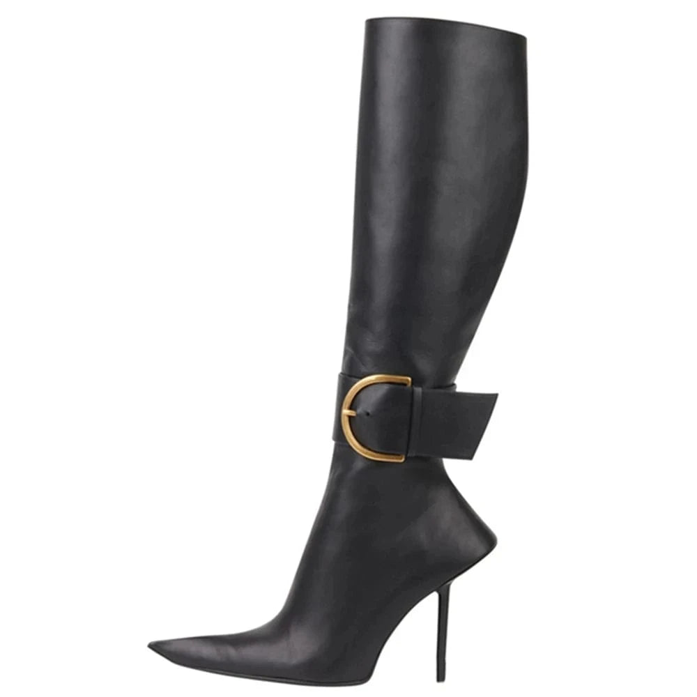 34 / Black Fashion Style New Women Knee Stilettos Boots Sexy Boots Pointed Toe Party Shoes Ankle Big Buckle Strap Zipper Party Big Size
