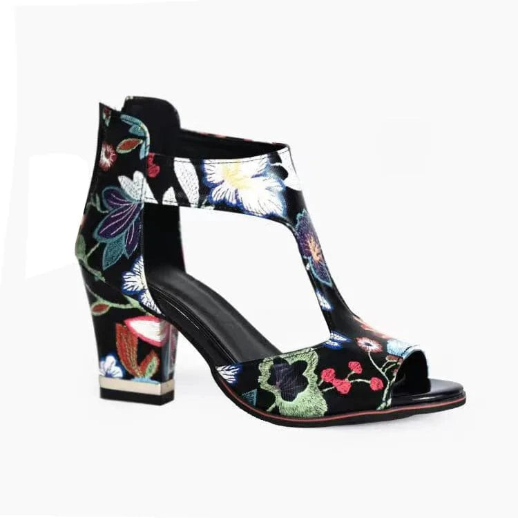 34 / black Floral 34-39 Fish billed high heels thick heeled sandals Thick bottom sexy back zipper hollow out cool boots  Heeled sandals|lace up