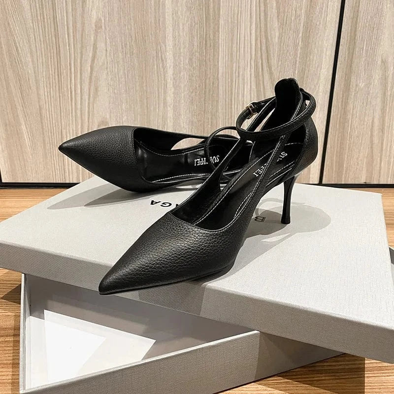 34 / Black Korean Style Point Toe Hollow Out Women High Heels Ladies Outside Office Dress Work Sandals Shoes