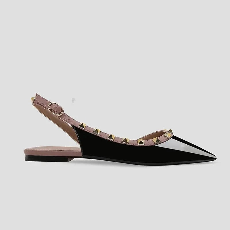 34 / Black Ladies Sexy Outside Black Slingbacks Flat Sandals Hollow Out Buckle Wrap-toe Low Heels for Women