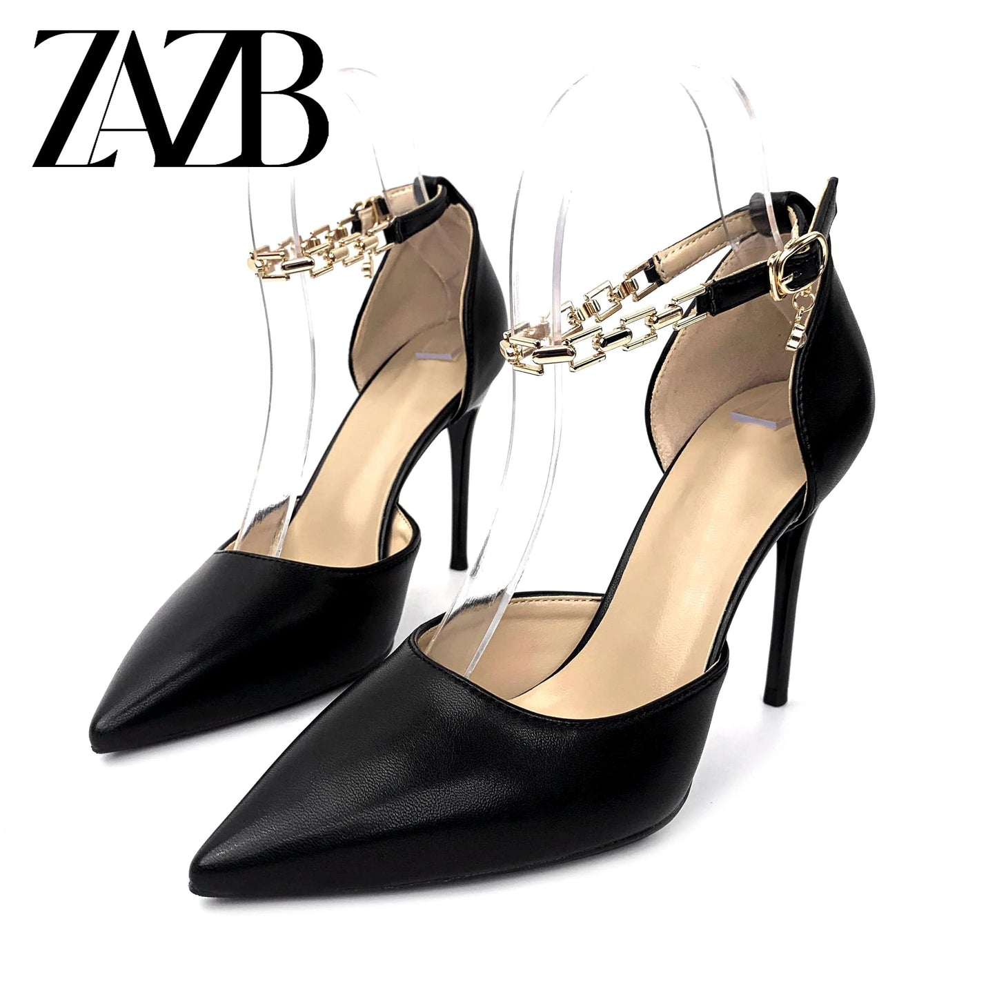 34 / Black luxury dress wedding bridal pointed end ladies high heel shoes women sandal office stiletto fashion Metal Chain heels designer