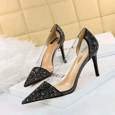 34 / Black Transparent high heel women's stiletto pointed wedding shoes rhinestone glass glue shoes Sexy