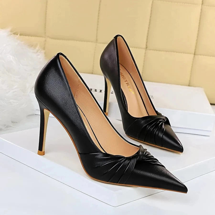 34 / Black. Women Summer Casual Wrapped Front Knot High Heeled Pumps Ladies Shallow Stilettos for Office