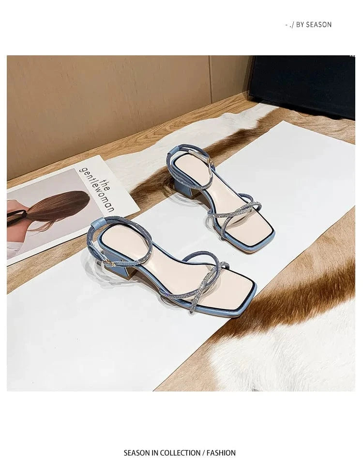 34 / Blue 2022 Summer Sexy One-word Buckle Mid Heel Shoes Fairy Style Women Rhinestone Sandal Block Heel