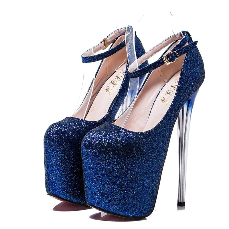 34 / Blue Trendy Stripper Heel Shoes Female 19 CM Super High Heel Stilettos Big Size Ankle Strap Platform Shoes Women