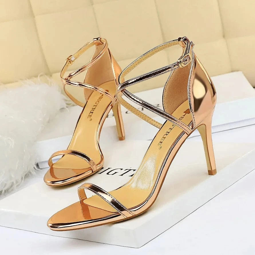 34 / Champagne  8CM 34-40 Fashionable and sexy nightclub sandals Summer slim heels and ultra-high heels Hollow cross strap sandals
