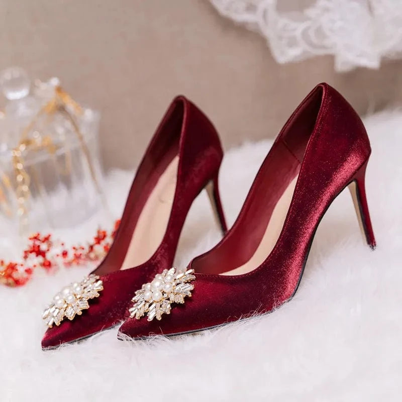 34 / Claret(7cm)` Female New Point toe Shallow High Heels Blossom Pearls Pumps Shoes for Women Wedding Dress Mujer Heeled Sandals
