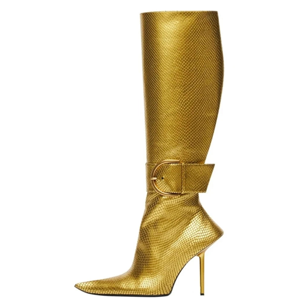 34 / Gold Fashion Style New Women Knee Stilettos Boots Sexy Boots Pointed Toe Party Shoes Ankle Big Buckle Strap Zipper Party Big Size