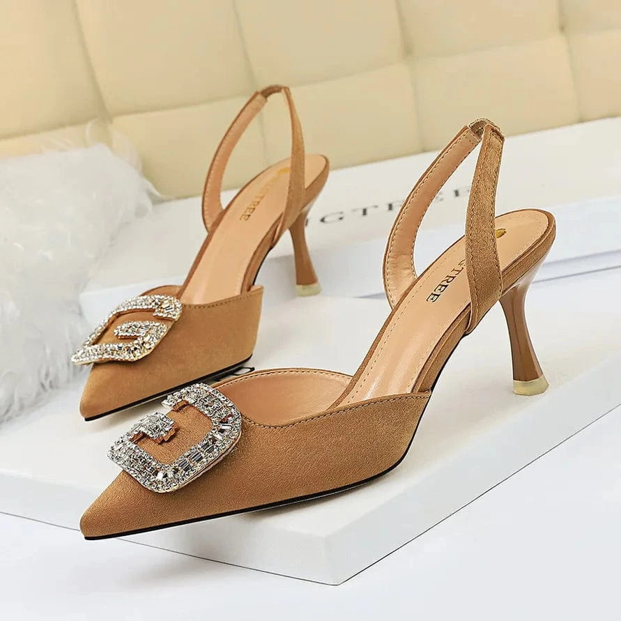 34 / Khaki Summer Sandals Women Comfortable Metal Rhinestone Buckle Shoes Suede Pointed-toe Hollow Out High Heels Sandals For Ladies Dating